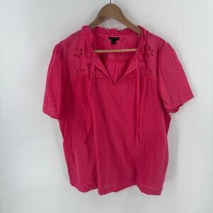 Ann Taylor Eyelet‎ Lace Ruffle V-Neck Blouse Hot Pink Short Sleeve Top XL